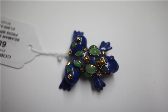A Seaman Schepps 18ct gold mounted gem set lapis lazuli frog brooch, 1.75in.